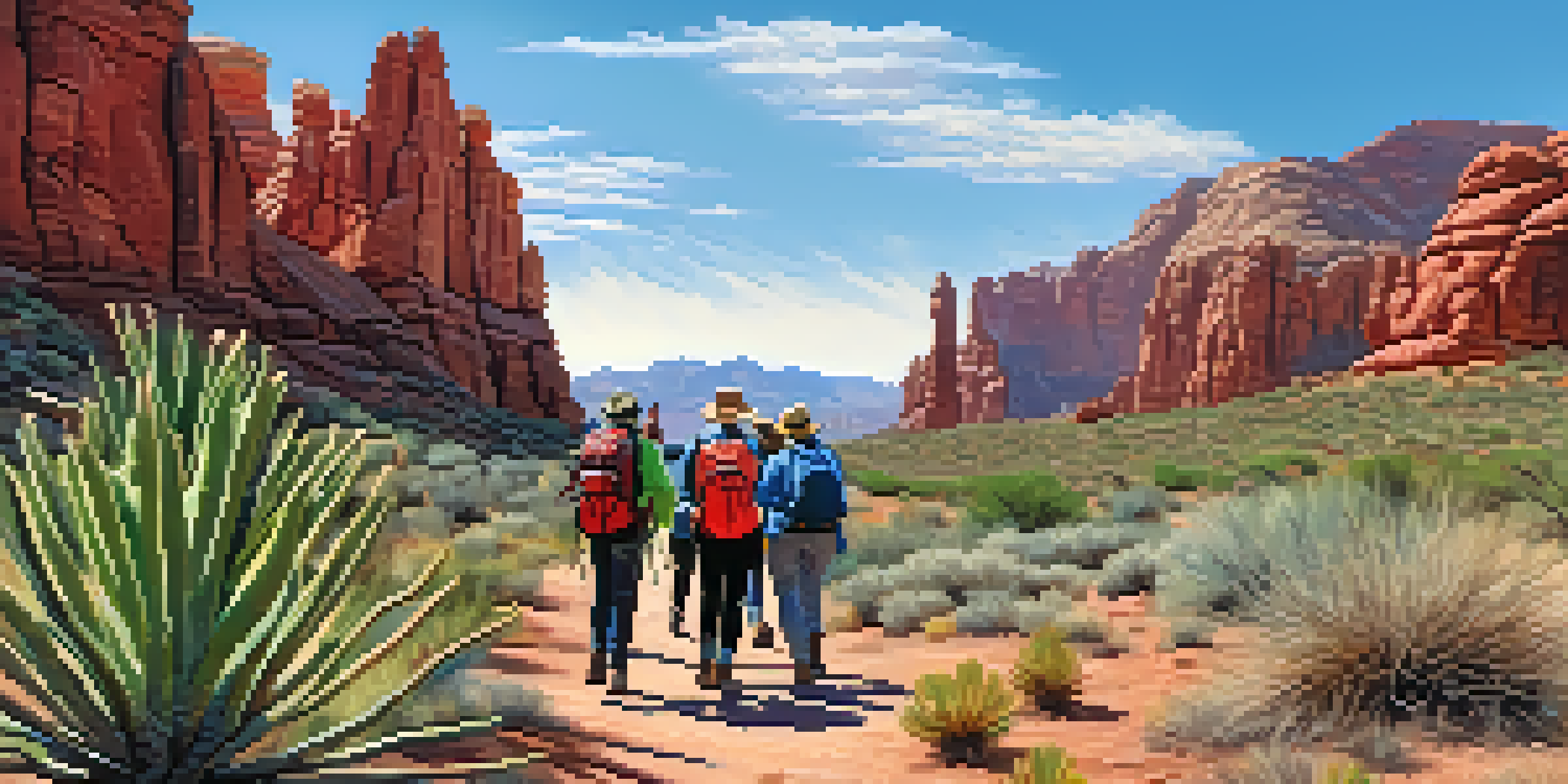 A group of diverse hikers walking along a sunny trail in the Arizona desert, with red rock formations and a blue sky in the background.