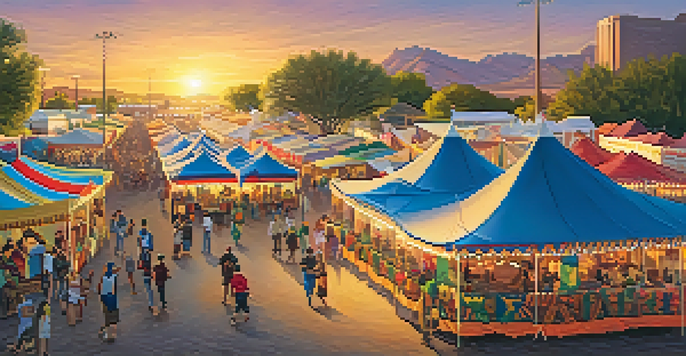 A lively festival scene with colorful tents, food stalls, and diverse people enjoying music and dance under a sunset sky.