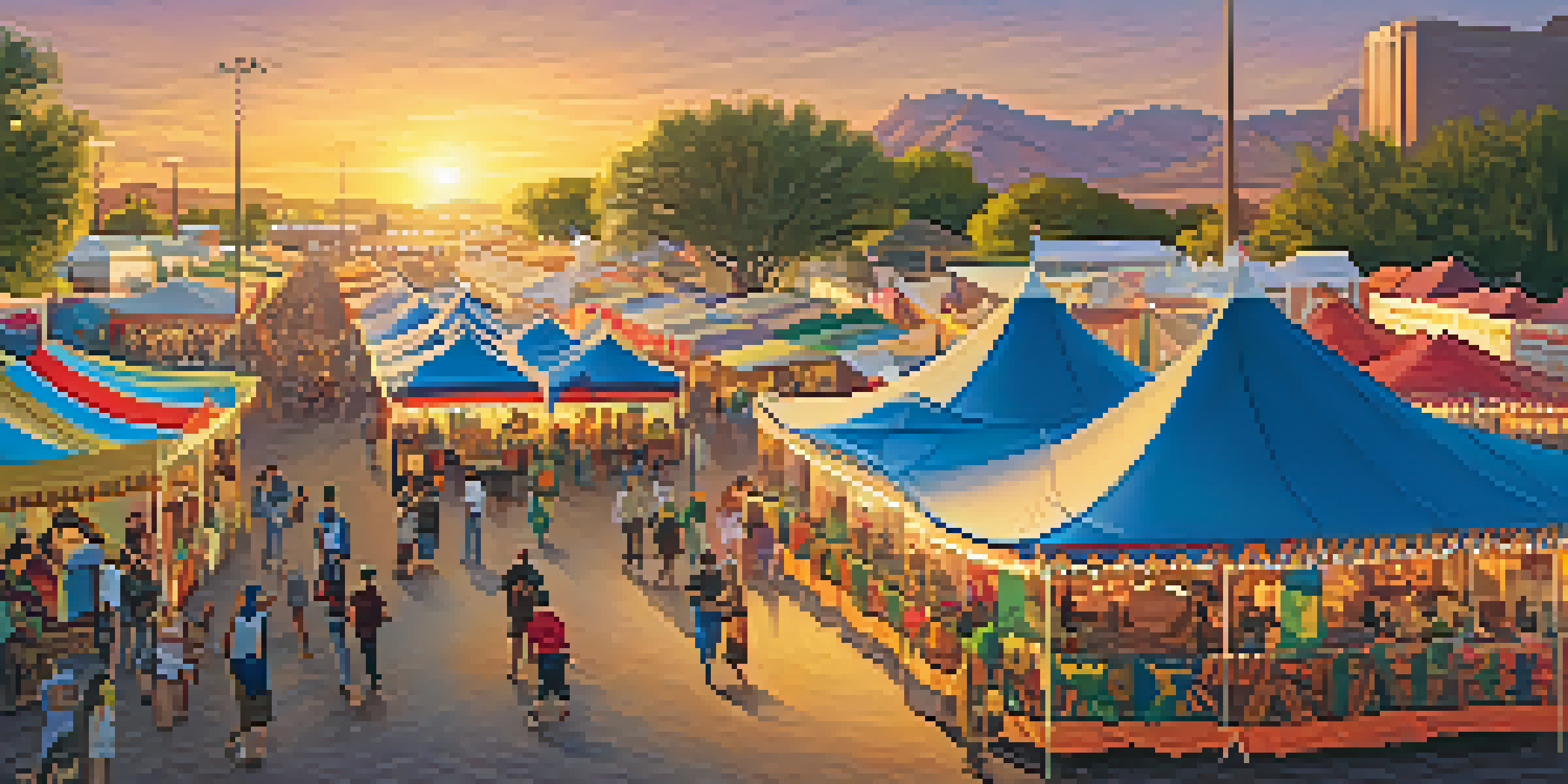 A lively festival scene with colorful tents, food stalls, and diverse people enjoying music and dance under a sunset sky.