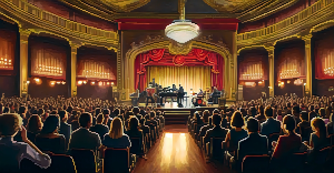 A historic concert venue with ornate decorations, soft lighting, and a lively audience enjoying a live music performance.