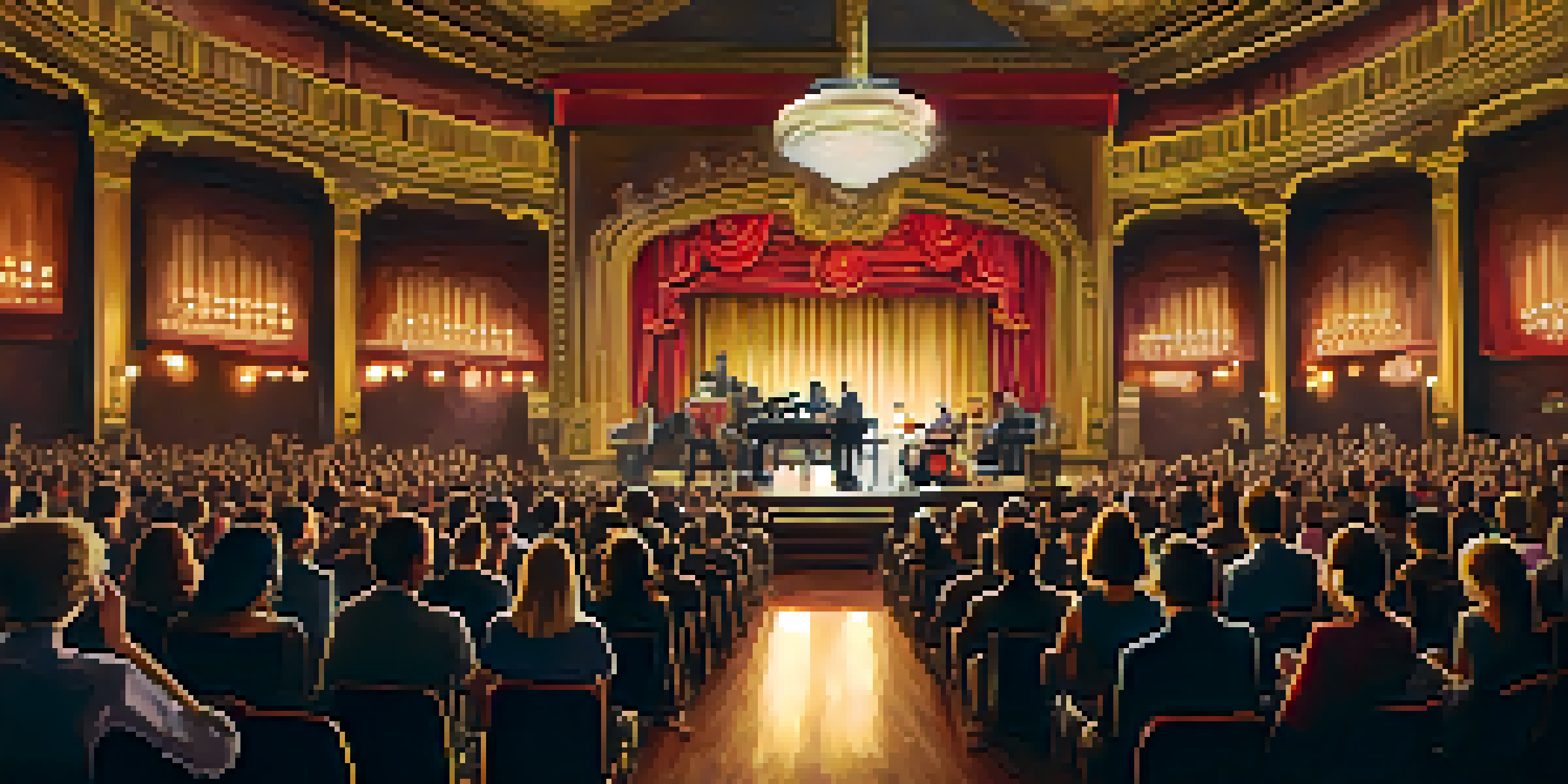 A historic concert venue with ornate decorations, soft lighting, and a lively audience enjoying a live music performance.