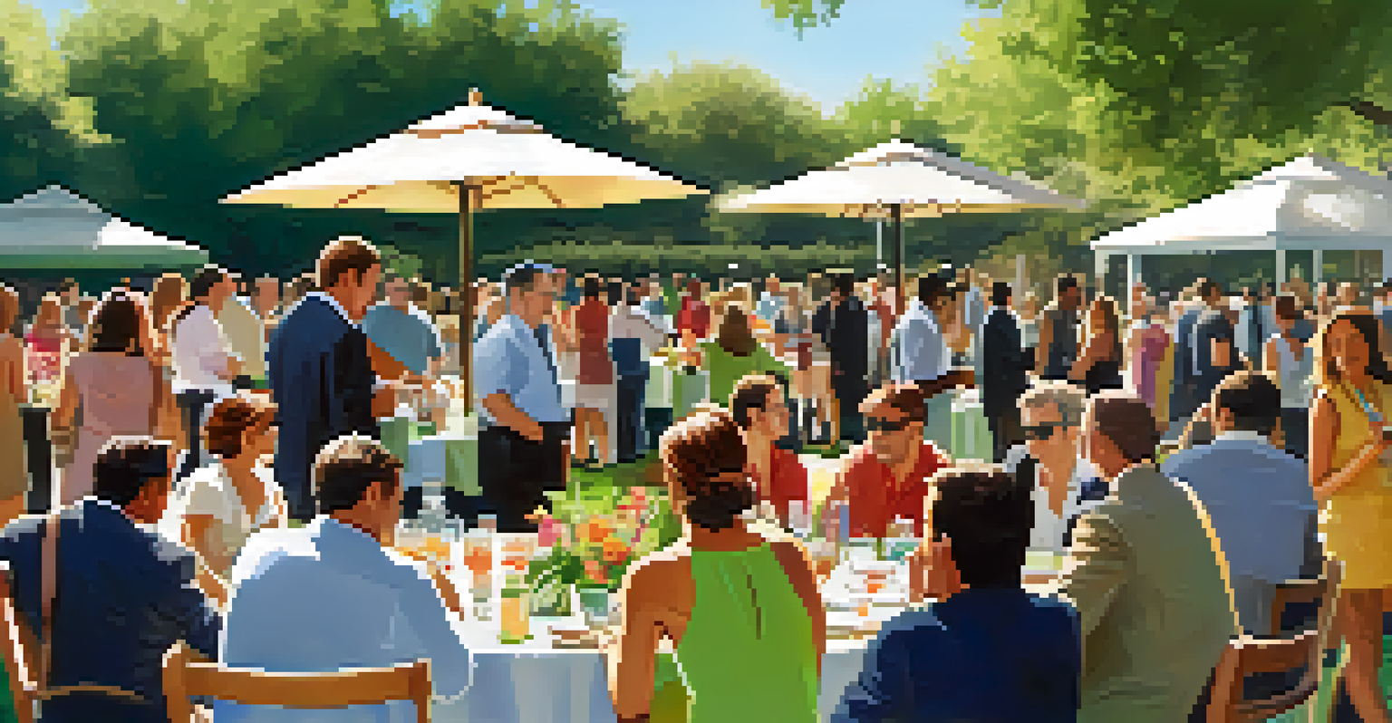 Professionals networking outdoors in a sunny park in Phoenix, surrounded by greenery and refreshments.