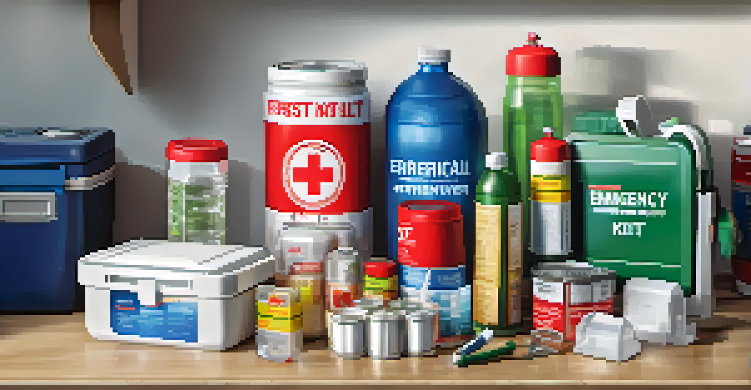 An organized emergency kit on a kitchen counter, with water bottles, canned food, and a checklist in the background.