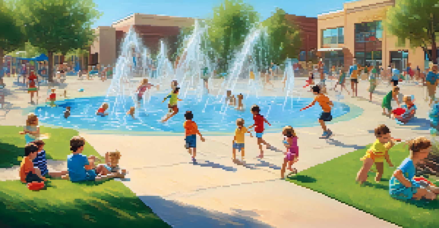 Kids splashing in a water play area at Desert Breeze Park, with families picnicking on the grass.