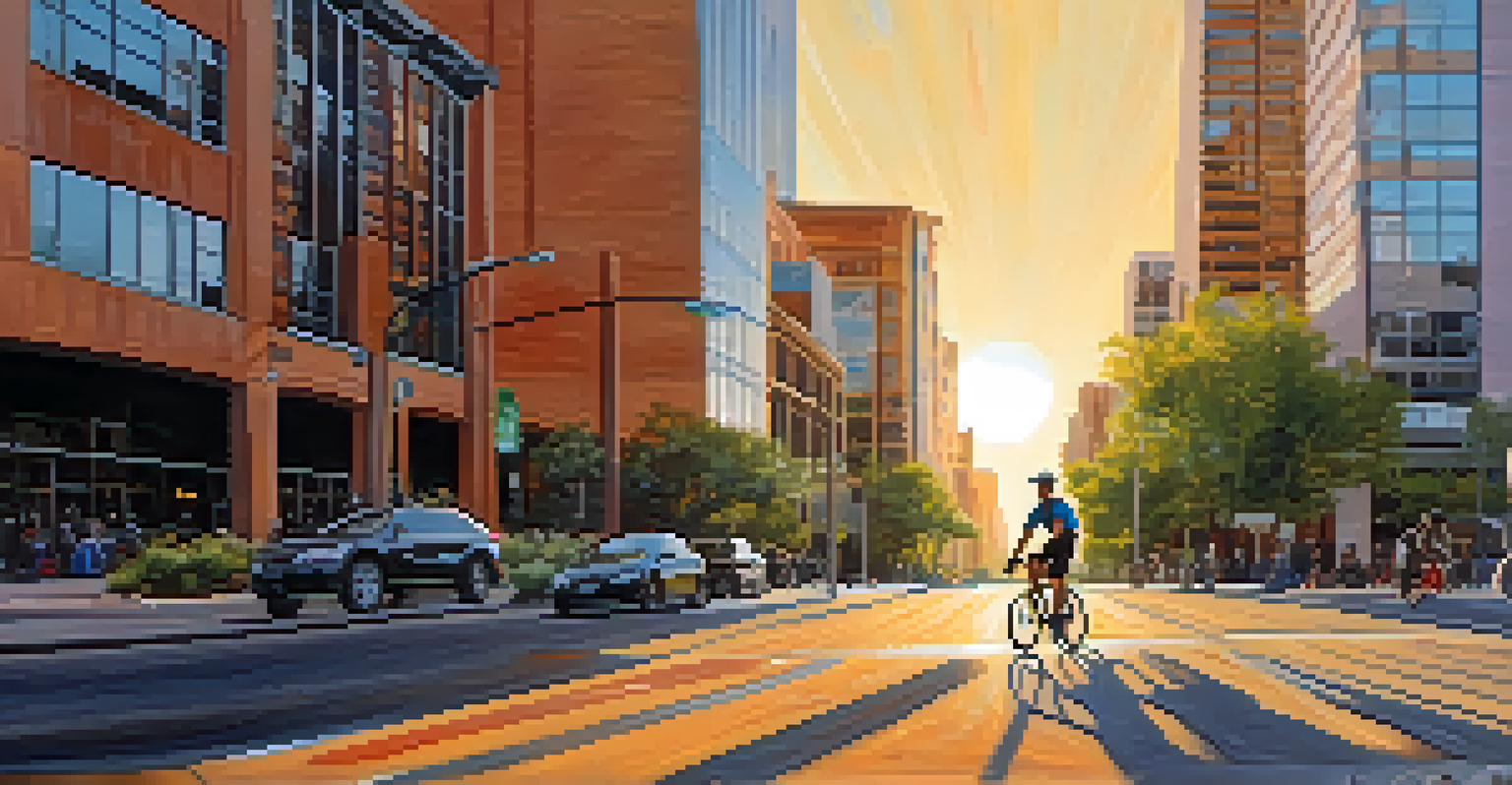 A cyclist enjoying a ride in downtown Phoenix, with modern buildings and colorful street art in the background.