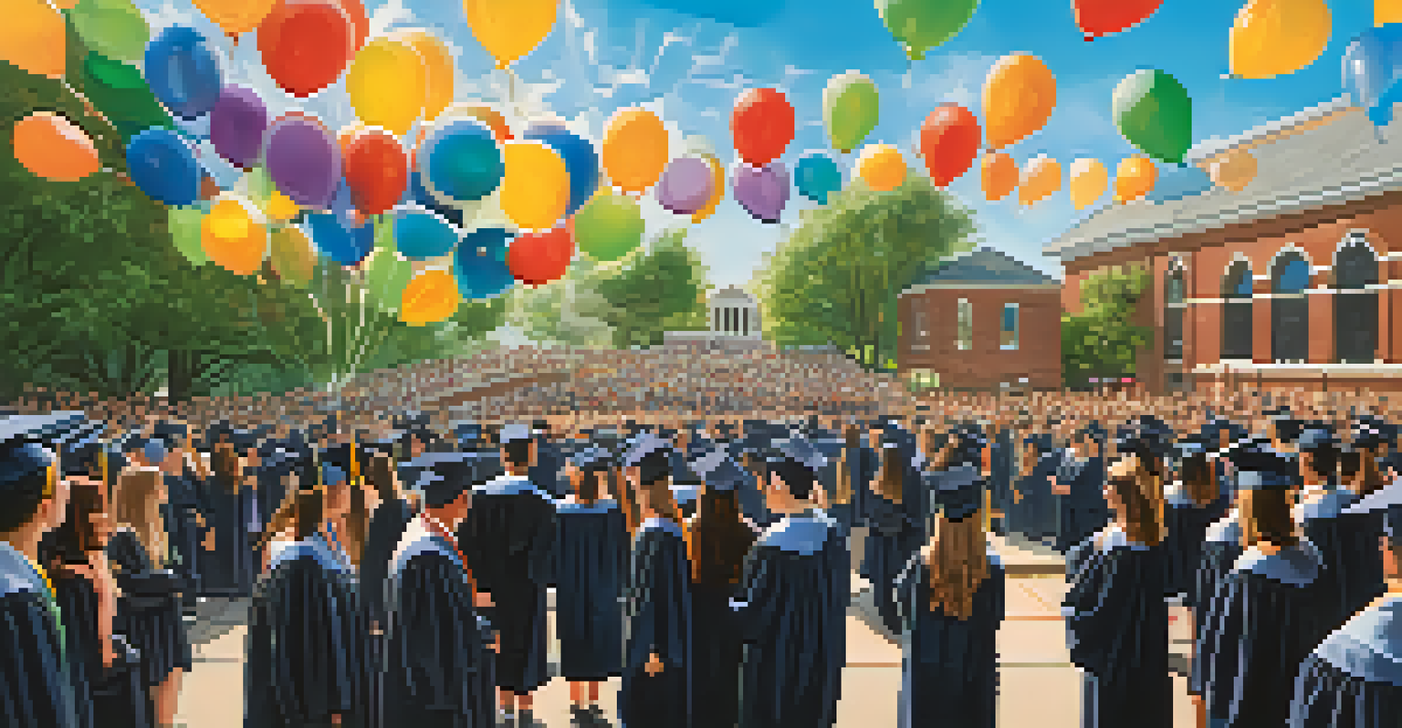 High school students in graduation caps and gowns celebrating their dual enrollment achievements outdoors.