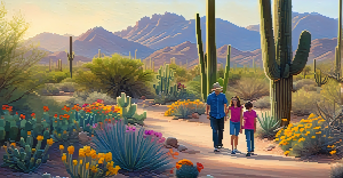 A family of four, including two children, exploring the Desert Botanical Garden surrounded by tall cacti and colorful flowers in the evening light.