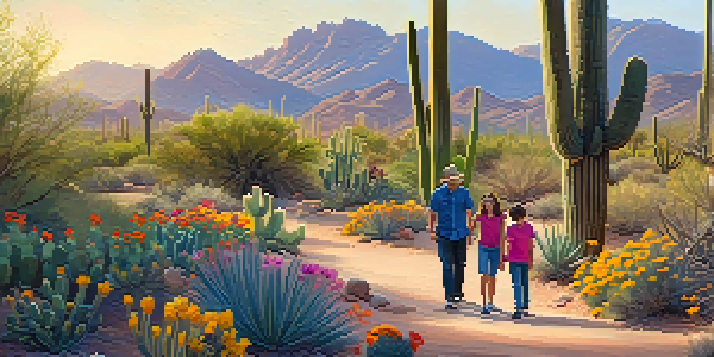 A family of four, including two children, exploring the Desert Botanical Garden surrounded by tall cacti and colorful flowers in the evening light.
