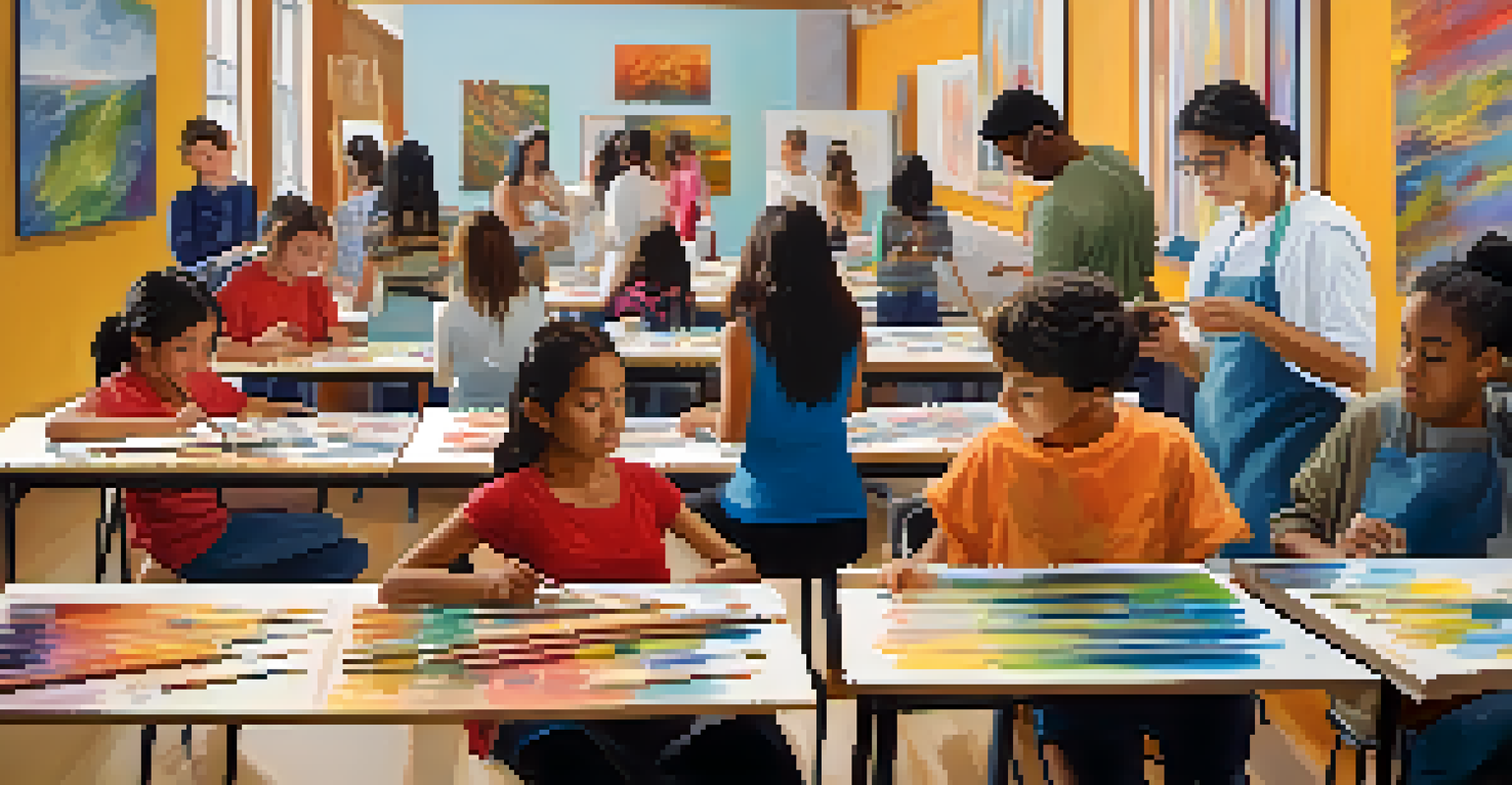 Students participating in a community art workshop at a gallery, being guided by local artists while working on their colorful projects.