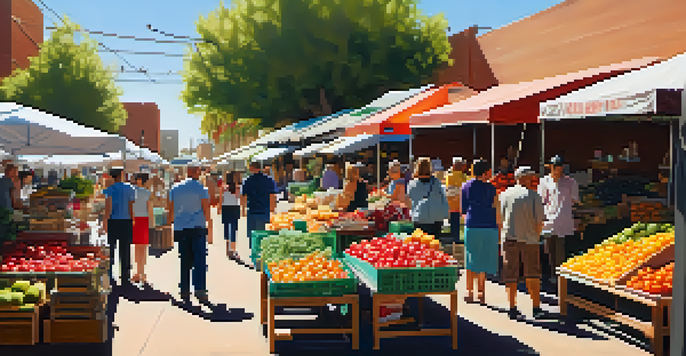 A busy outdoor market with colorful stalls selling fresh produce and artisanal goods, filled with families enjoying their time together.