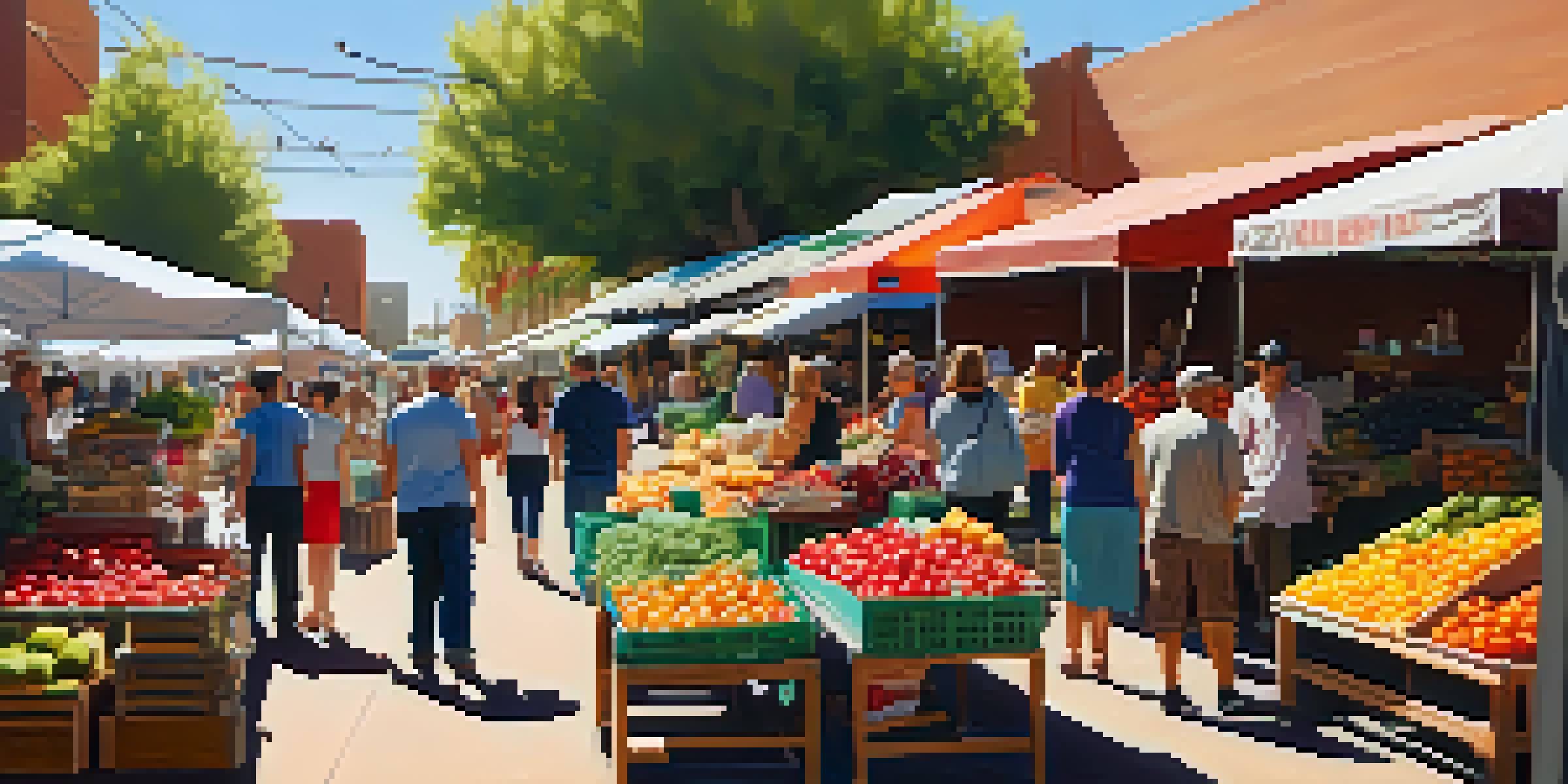 A busy outdoor market with colorful stalls selling fresh produce and artisanal goods, filled with families enjoying their time together.