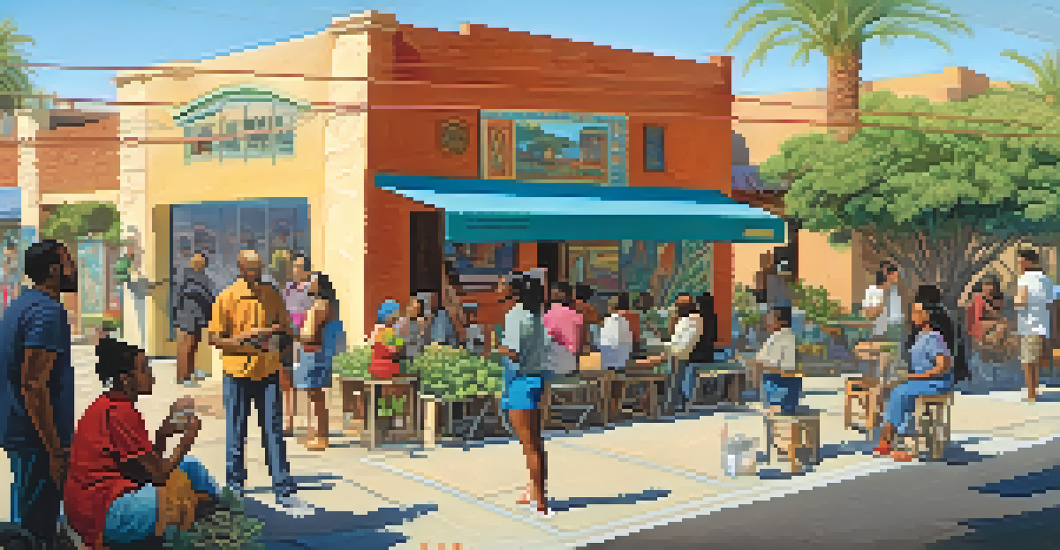 A lively street scene in a Phoenix neighborhood with colorful murals, community gardens, and people interacting.