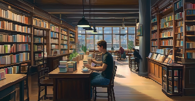 A cozy bookstore interior with wooden shelves filled with books, soft lighting, and a café area in the background.