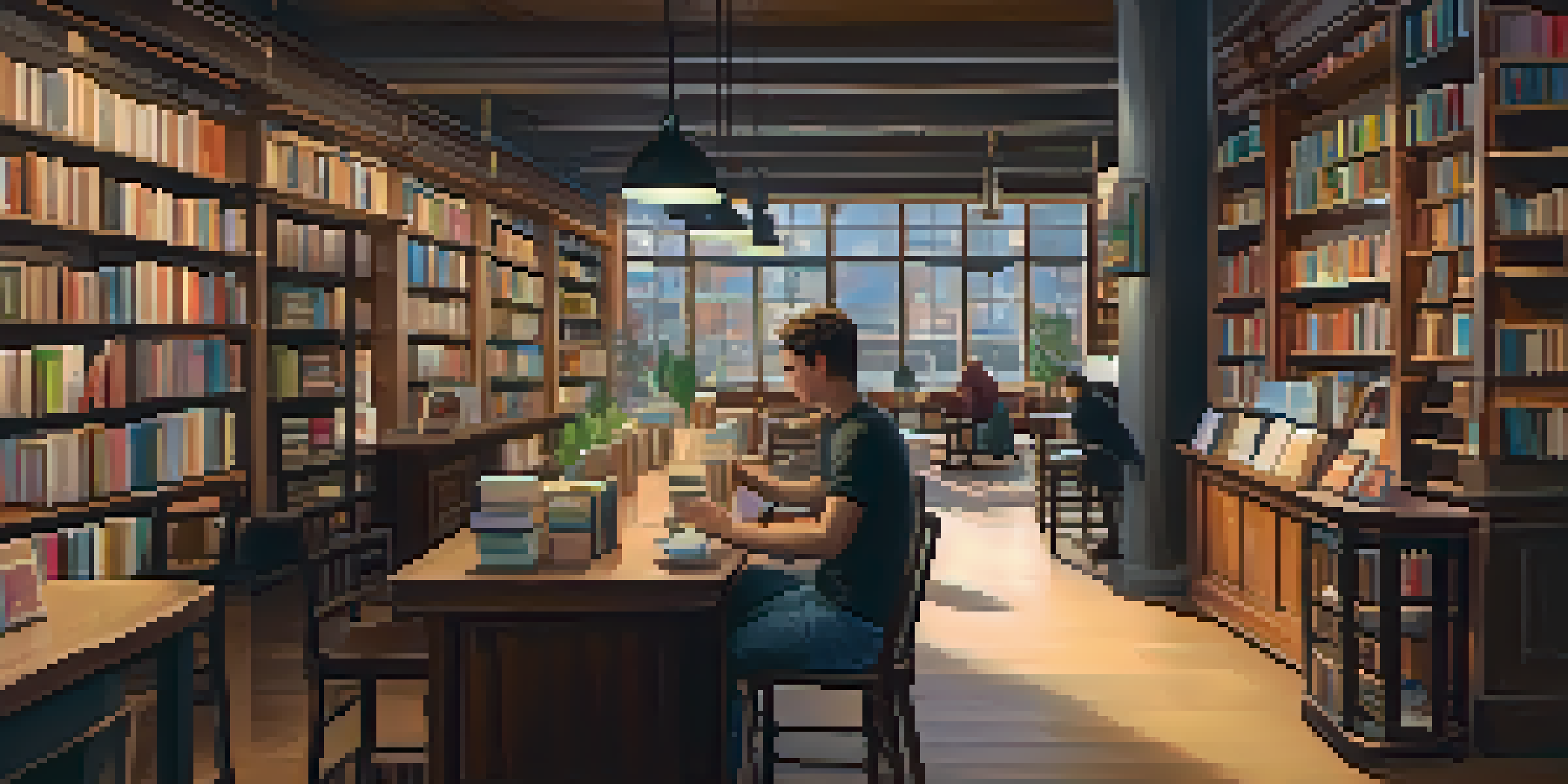 A cozy bookstore interior with wooden shelves filled with books, soft lighting, and a café area in the background.