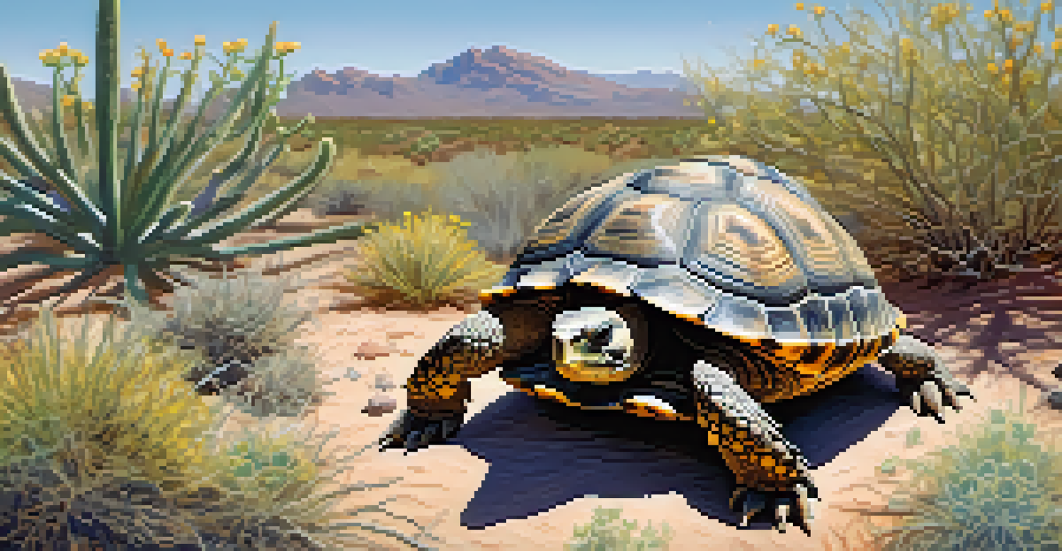 A close-up of a Sonoran Desert tortoise in its habitat, surrounded by desert plants and sunlight.