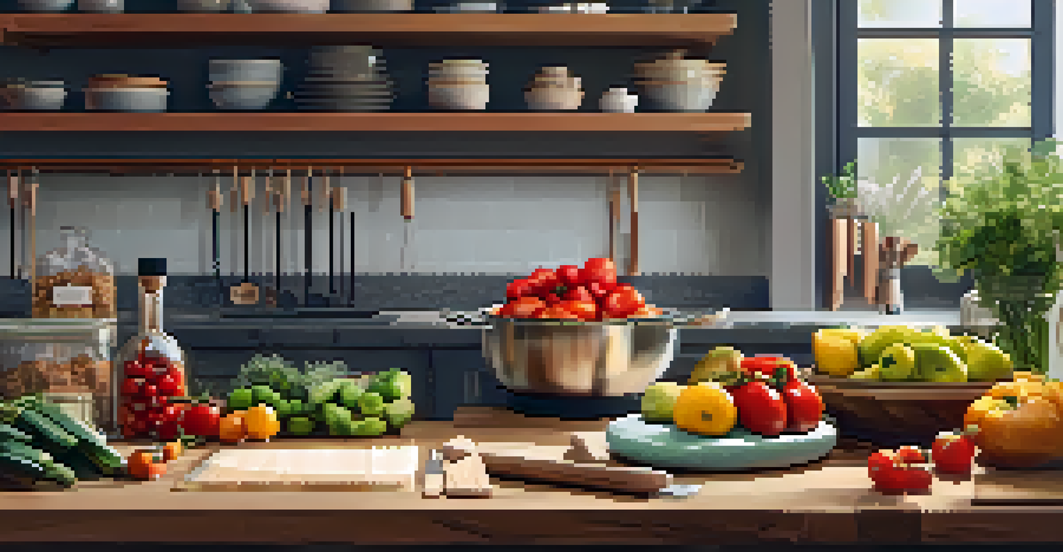 A well-organized kitchen workspace for a cooking class, featuring fresh ingredients and high-quality cooking tools.