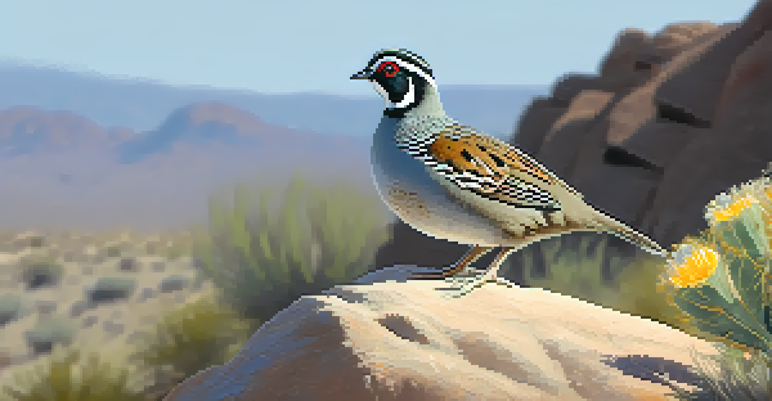 A Gambel's quail perched on a rock in the desert, surrounded by wildflowers and cacti, illuminated by warm afternoon light.
