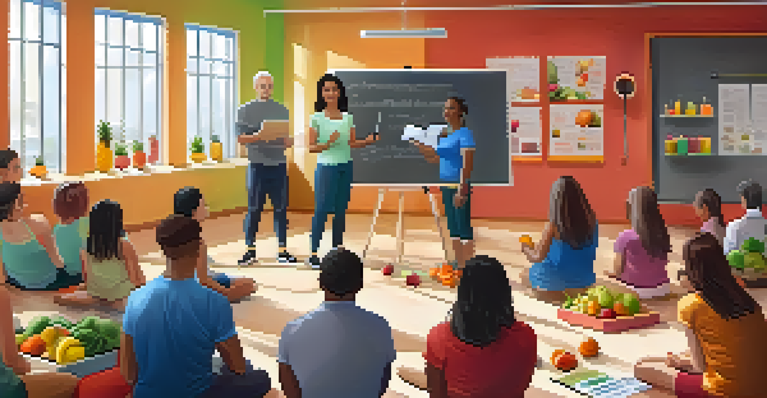 A nutrition workshop in a gym with a coach presenting to engaged participants surrounded by colorful fruits and vegetables.