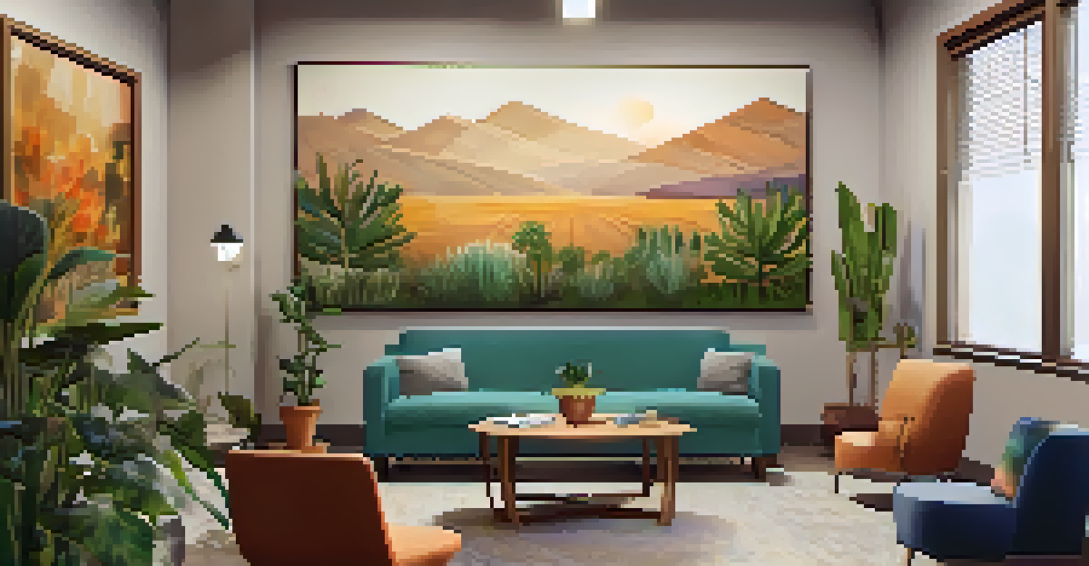 A calming counseling room in a Phoenix community center, with a therapist and client engaged in conversation, surrounded by soothing decor.