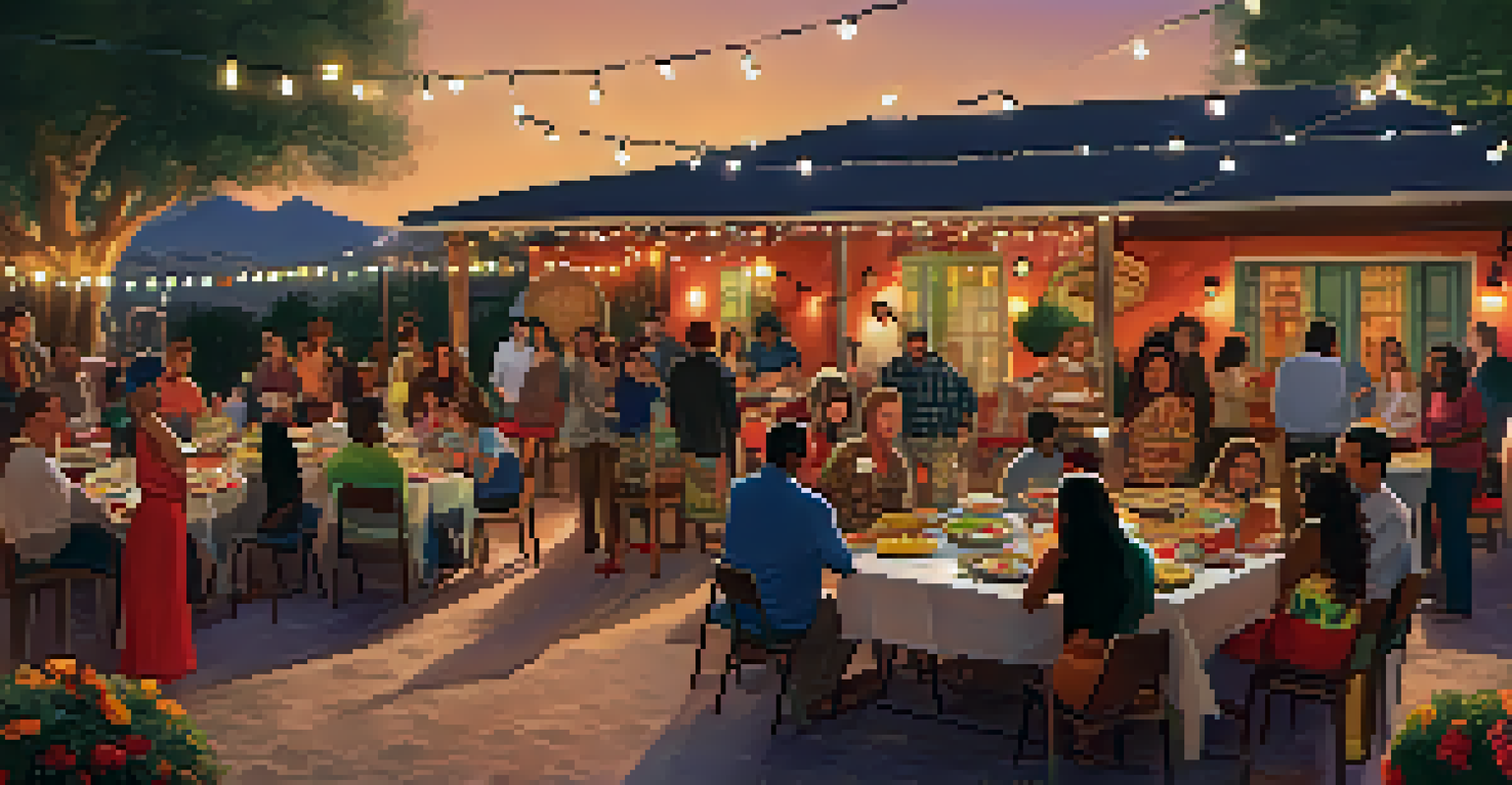 A colorful outdoor potluck event featuring various international dishes, with people sharing food and stories under string lights.