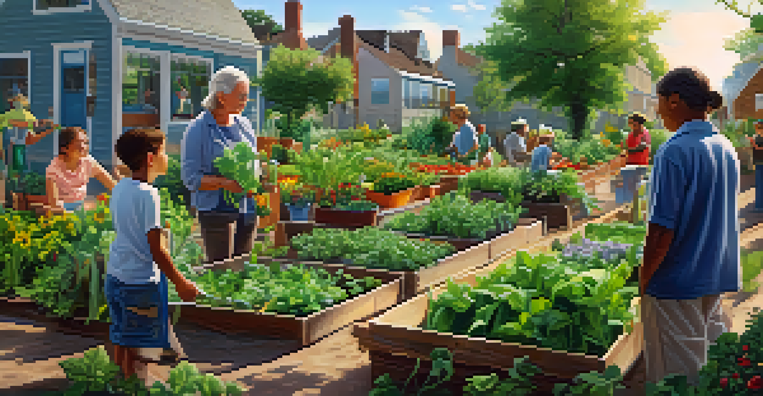 A community garden with residents planting and nurturing vegetables under a bright sun.