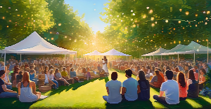 A lively outdoor poetry event in a park with poets on stage and an attentive audience amid greenery and colorful decorations.