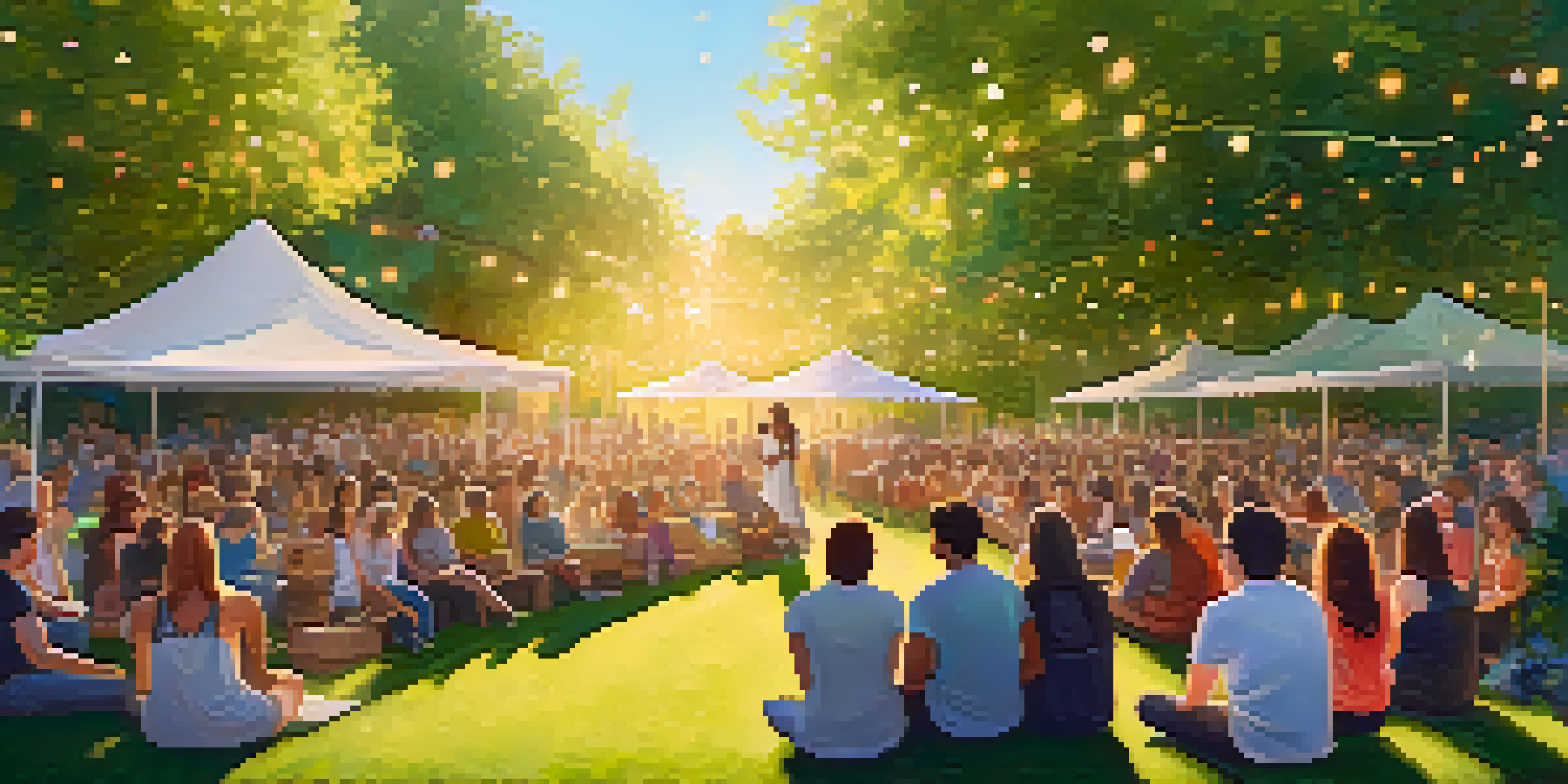 A lively outdoor poetry event in a park with poets on stage and an attentive audience amid greenery and colorful decorations.