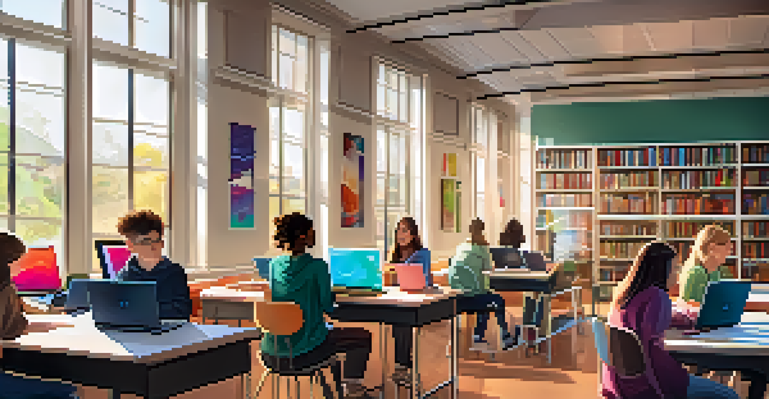 Students in a digital art class at a library, using laptops and drawing tablets in a well-lit space filled with bookshelves and colorful posters.