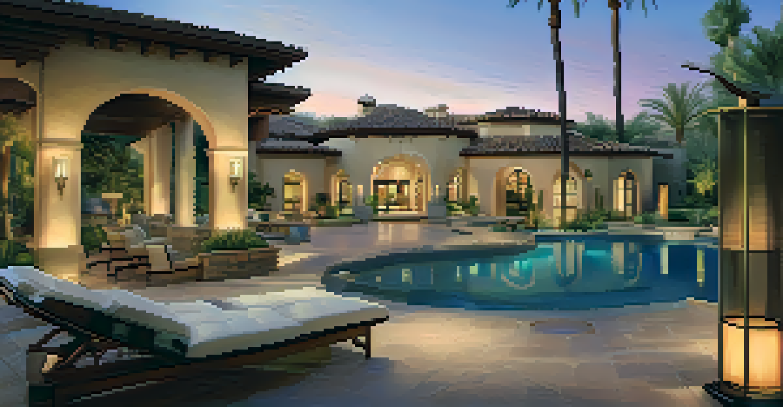 A luxurious estate in Paradise Valley, Phoenix, featuring a pool and elegant outdoor space during sunset.