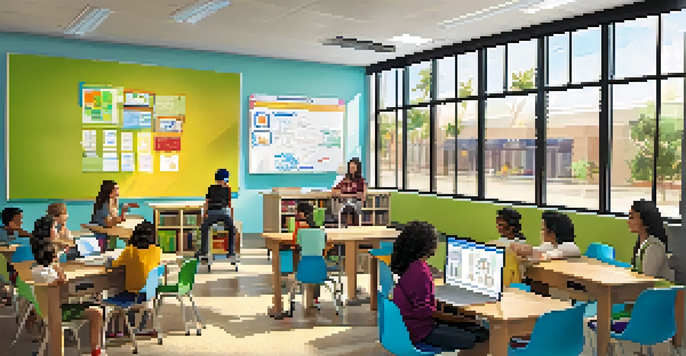 A bright and modern classroom in Phoenix with diverse students collaborating around interactive whiteboards and colorful educational materials.