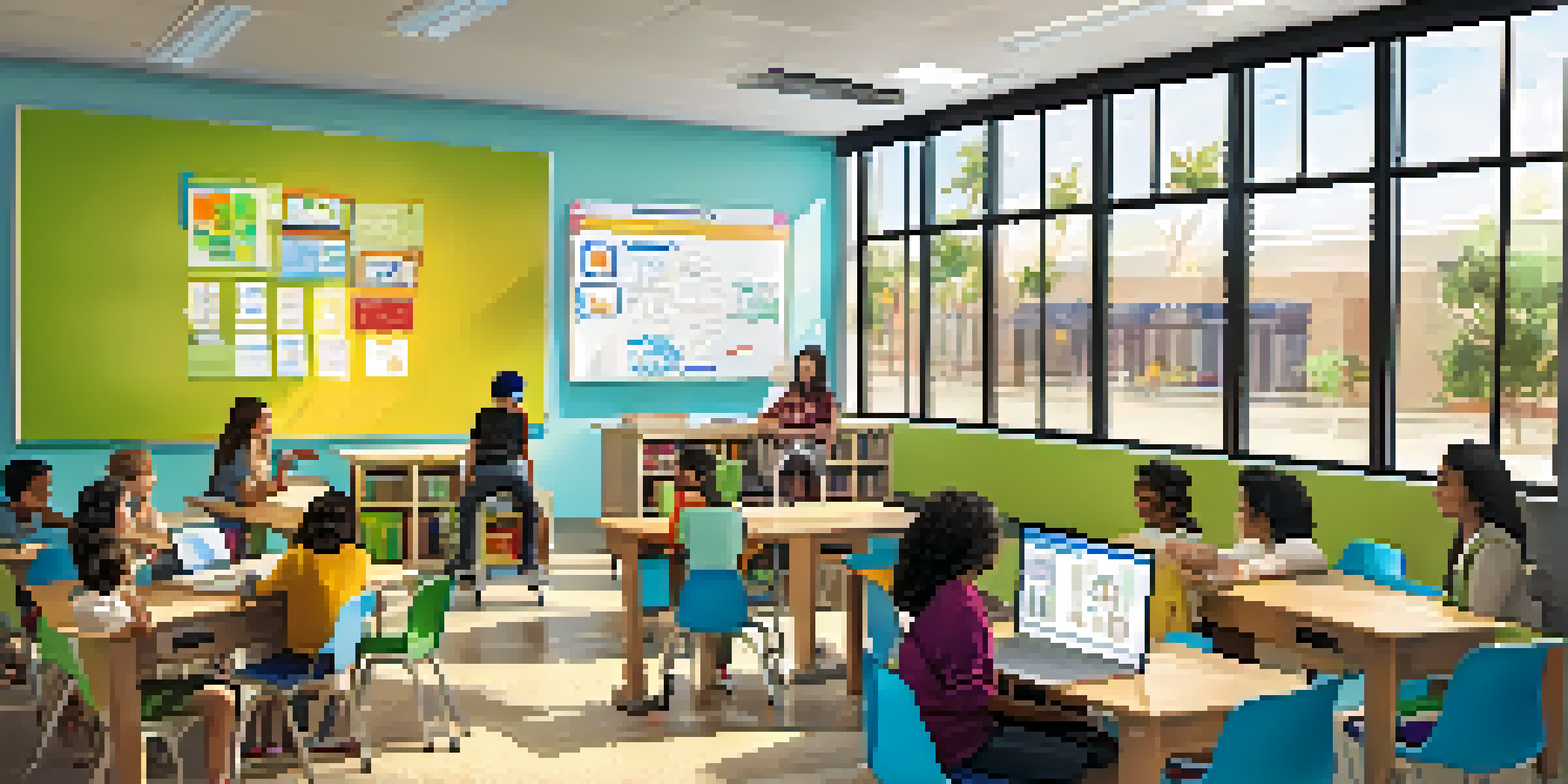 A bright and modern classroom in Phoenix with diverse students collaborating around interactive whiteboards and colorful educational materials.