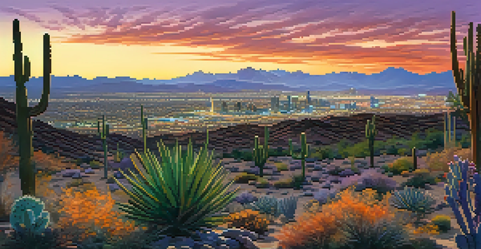 A wide shot of Phoenix's city skyline at sunset, with desert plants in the foreground and mountains in the background.