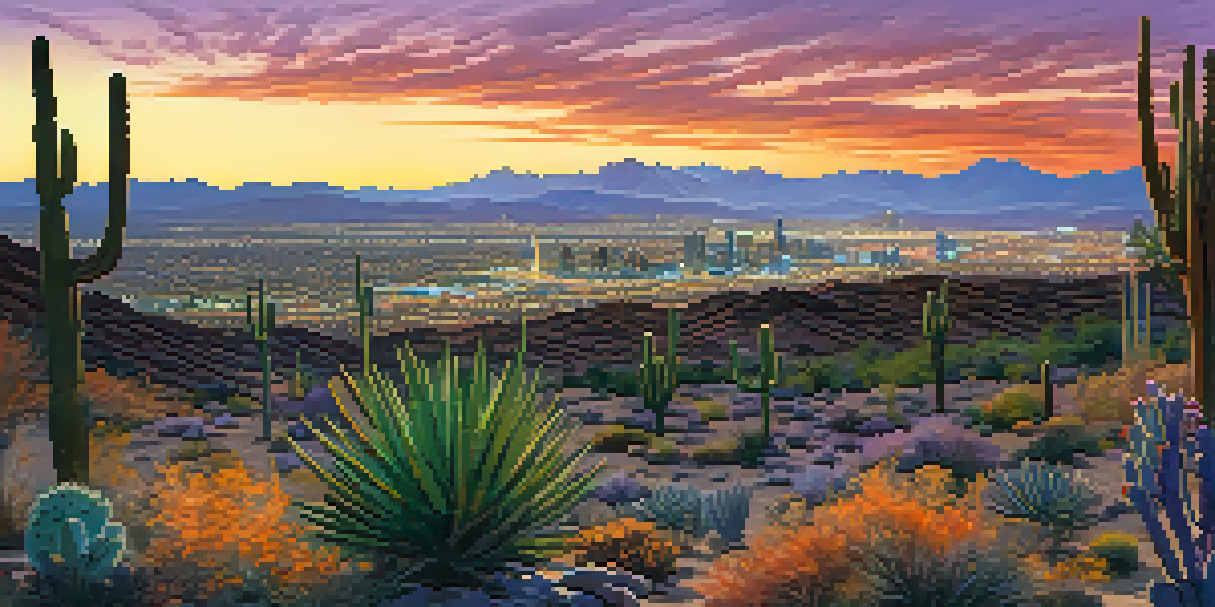 A wide shot of Phoenix's city skyline at sunset, with desert plants in the foreground and mountains in the background.