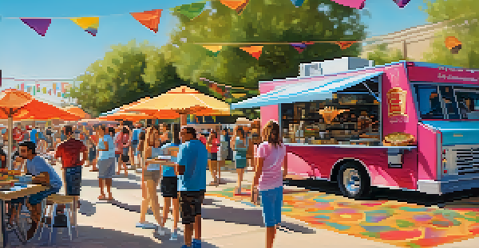A lively food truck festival in Phoenix with colorful trucks and people enjoying gourmet tacos under bright sunlight.