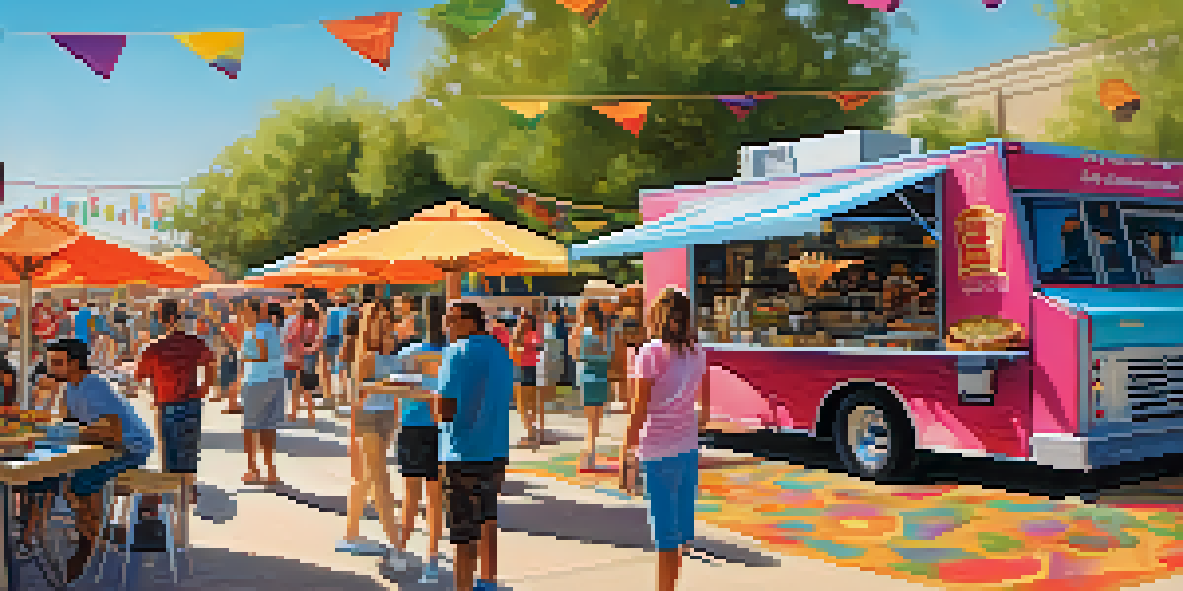A lively food truck festival in Phoenix with colorful trucks and people enjoying gourmet tacos under bright sunlight.