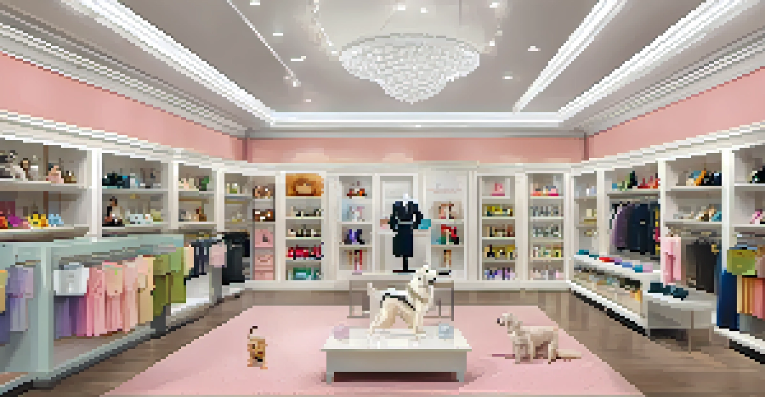 A stylish pet boutique displaying fashionable collars and apparel for pets. The shop has a modern decor and soft pastel colors.