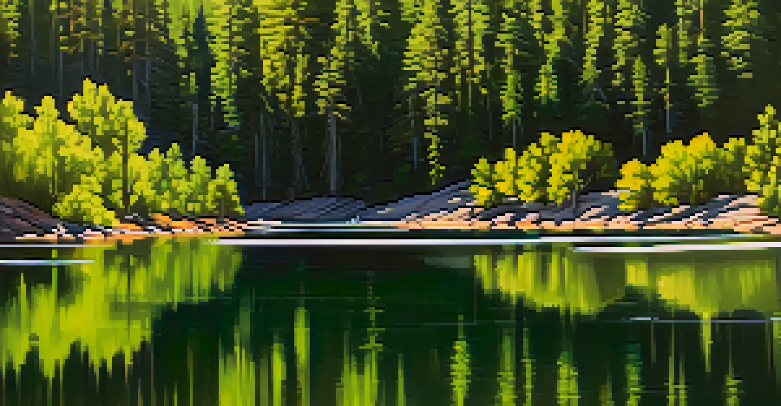 A serene view of Woods Canyon Lake surrounded by lush trees and mountains, with a kayak on the calm water under a blue sky with clouds.