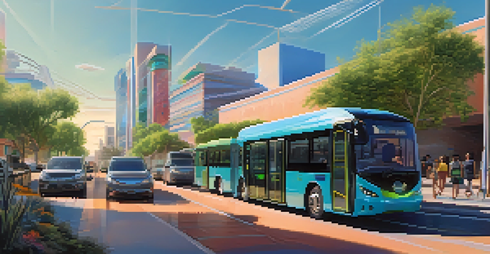 A sunny street in Phoenix with futuristic electric buses and people using smartphones to track public transport.