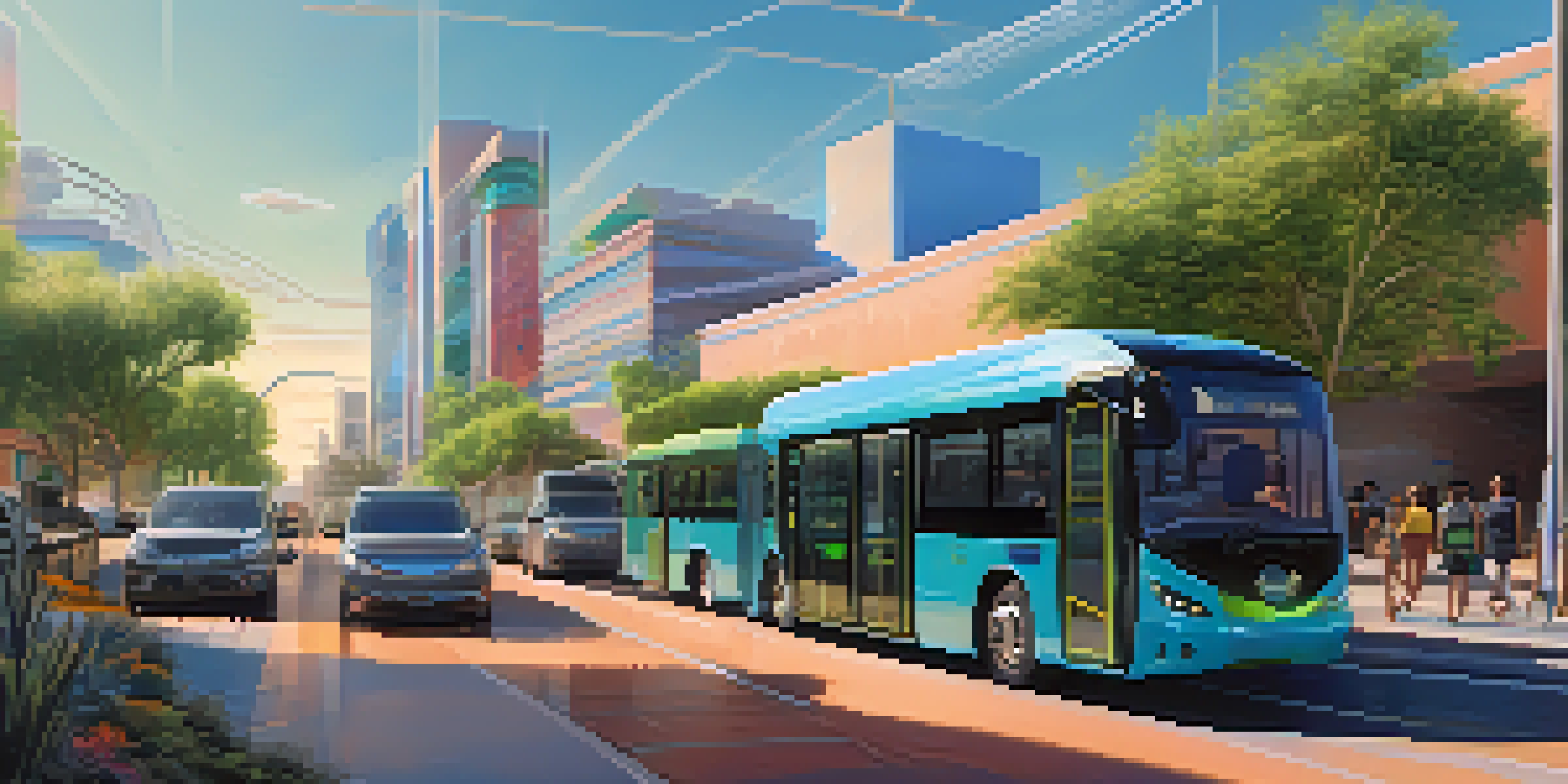 A sunny street in Phoenix with futuristic electric buses and people using smartphones to track public transport.