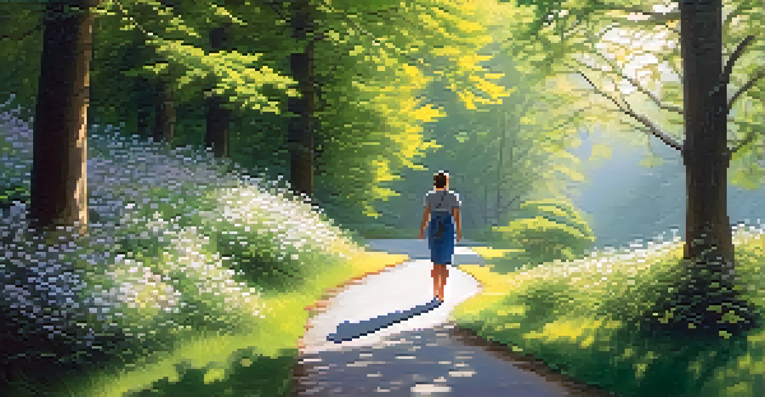 A person walking along a winding path surrounded by tall trees and blooming flowers, with sunlight filtering through the leaves.