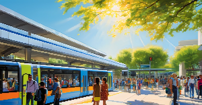 A busy public transport hub in Phoenix with a modern light rail station, people boarding trains, surrounded by trees and flowers.
