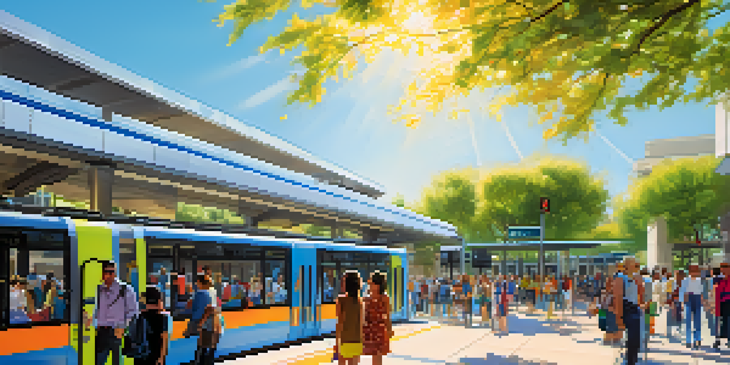 A busy public transport hub in Phoenix with a modern light rail station, people boarding trains, surrounded by trees and flowers.