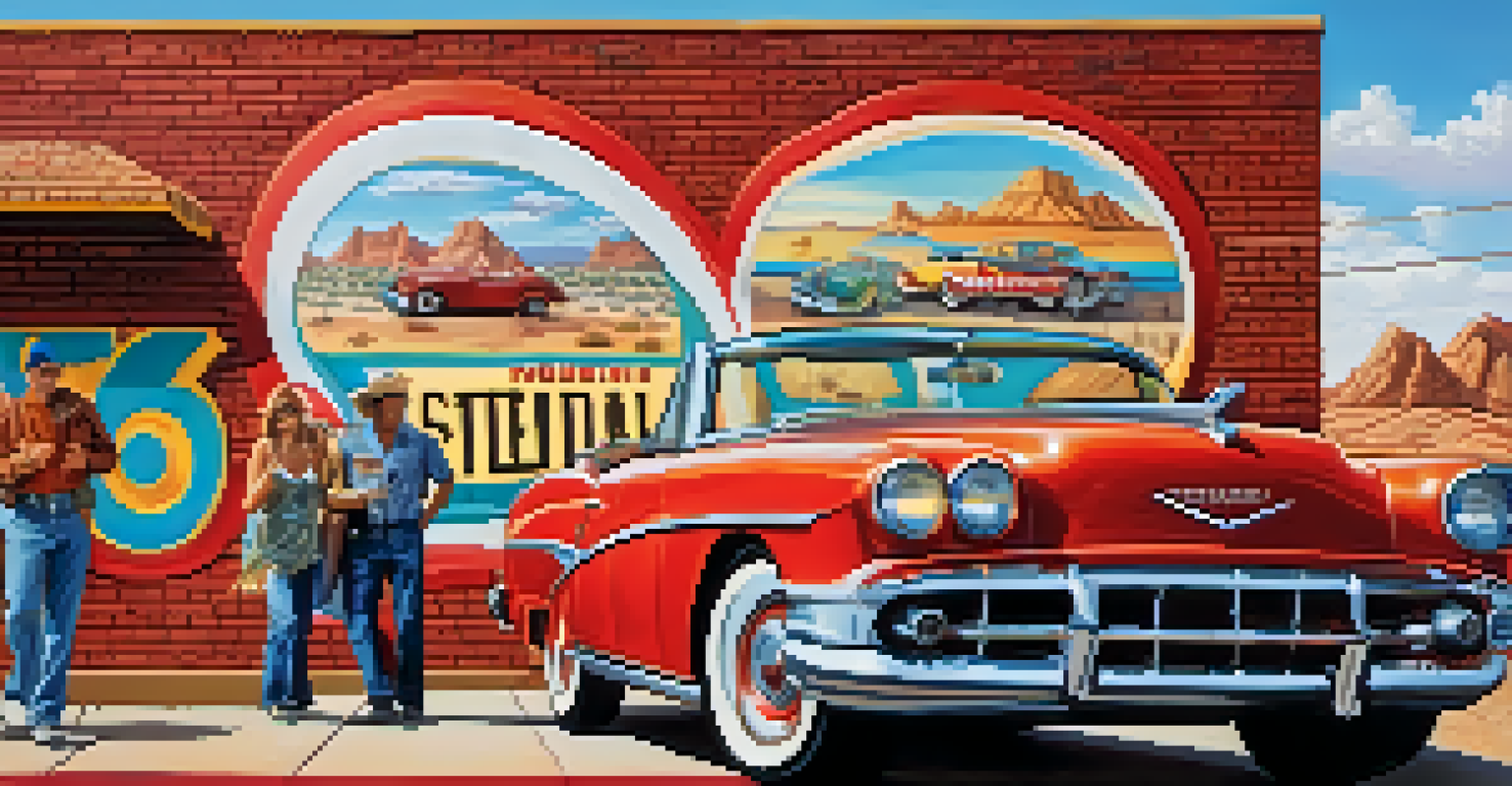 A colorful mural depicting Route 66 with classic cars and road signs, adorned with bright colors on a brick wall in an urban setting.