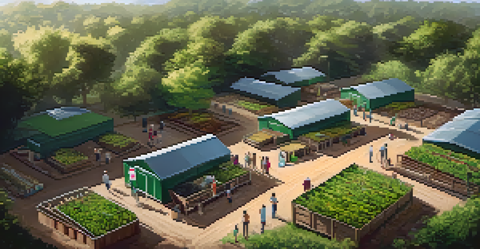 Aerial view of a community composting site with residents and lush greenery.