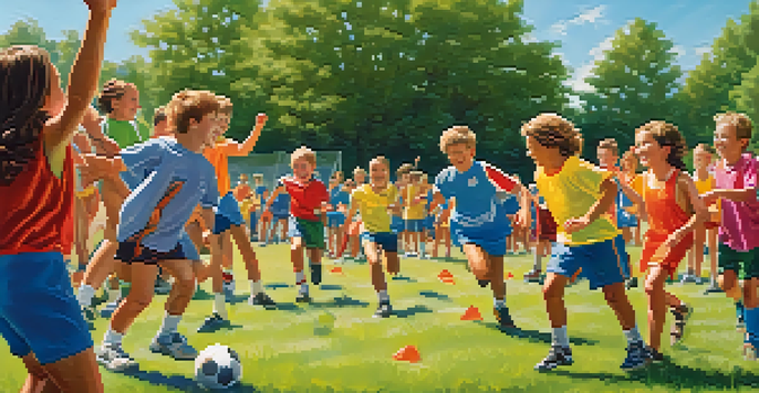 Young athletes participating in various sports activities at a summer camp, with bright sunlight and lush greenery in the background.