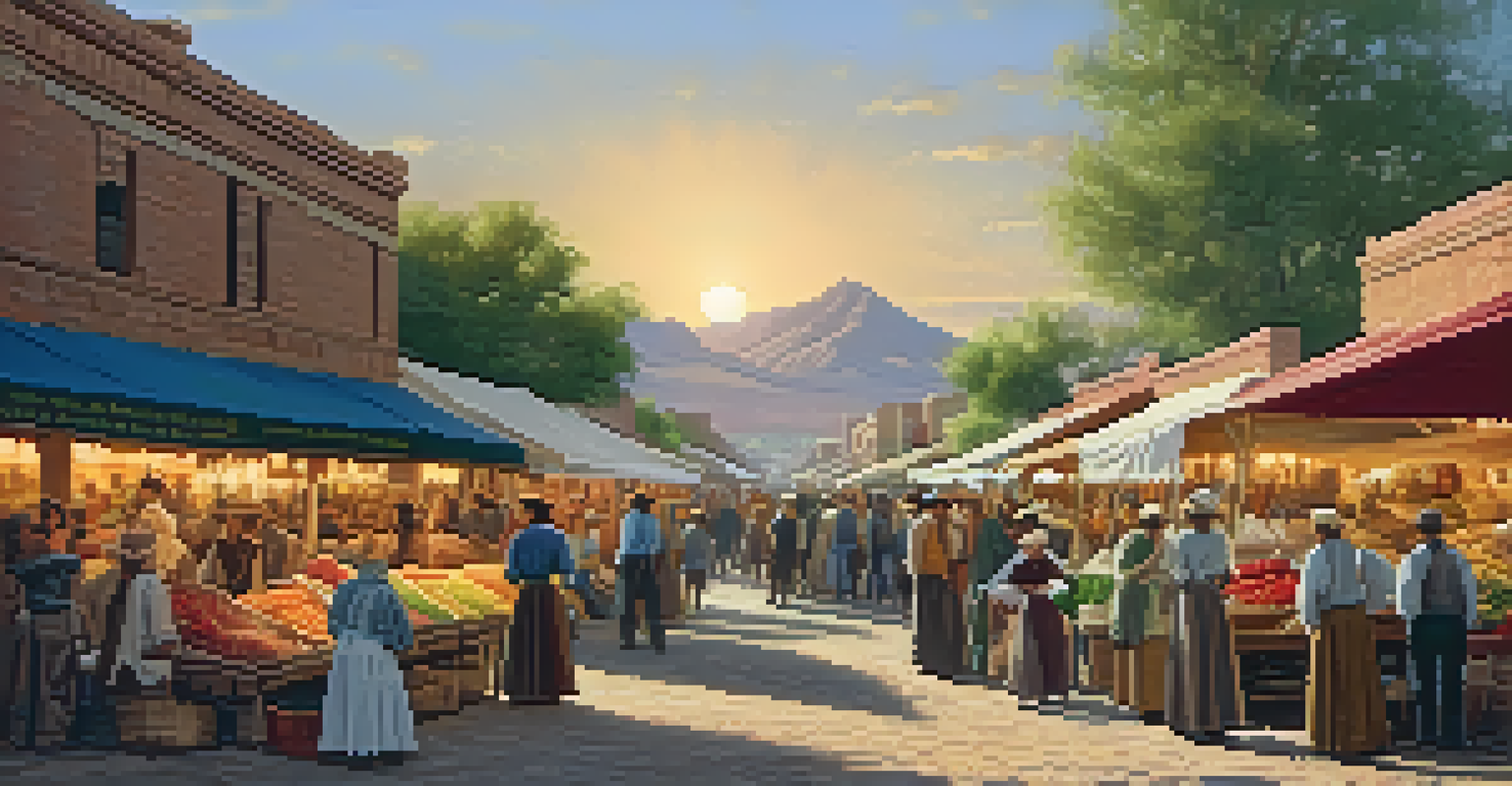 A bustling marketplace in late 1800s Phoenix with diverse merchants and colorful stalls.
