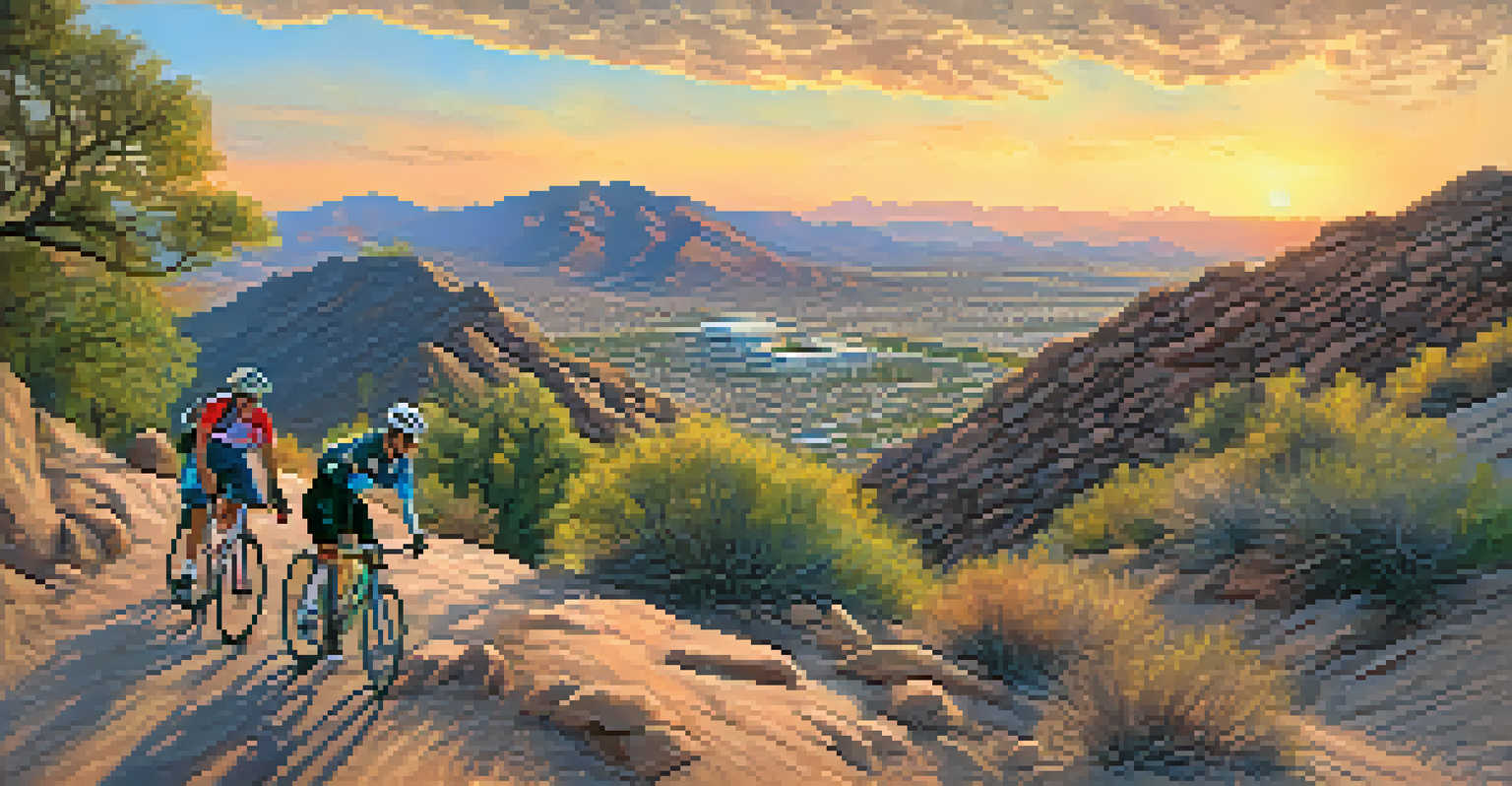 Cyclists tackling a steep trail at South Mountain Park with a vibrant sunset and city views.