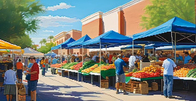 A busy farmers' market in Phoenix with colorful produce stalls and people engaging with local artisans.