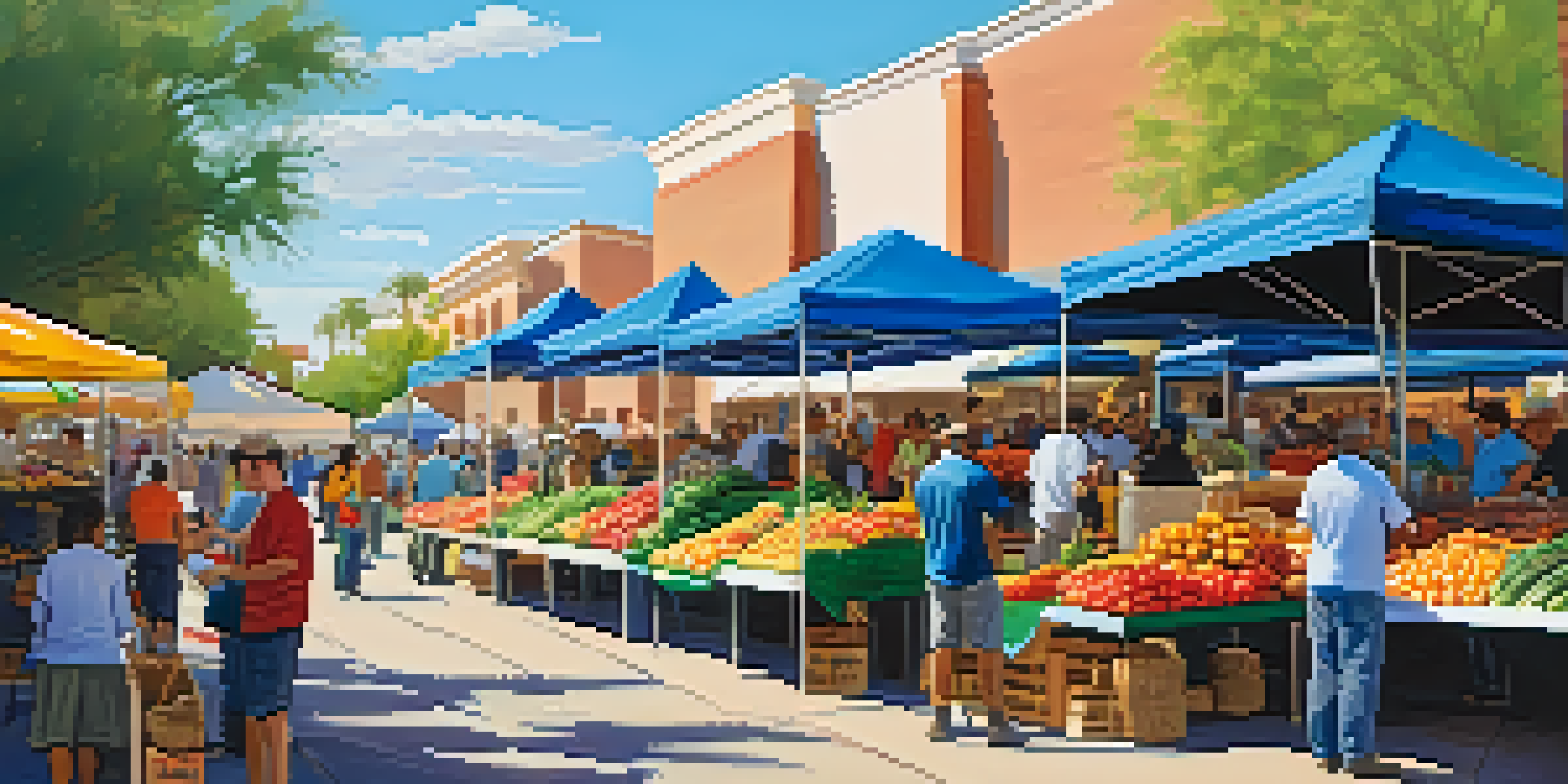 A busy farmers' market in Phoenix with colorful produce stalls and people engaging with local artisans.