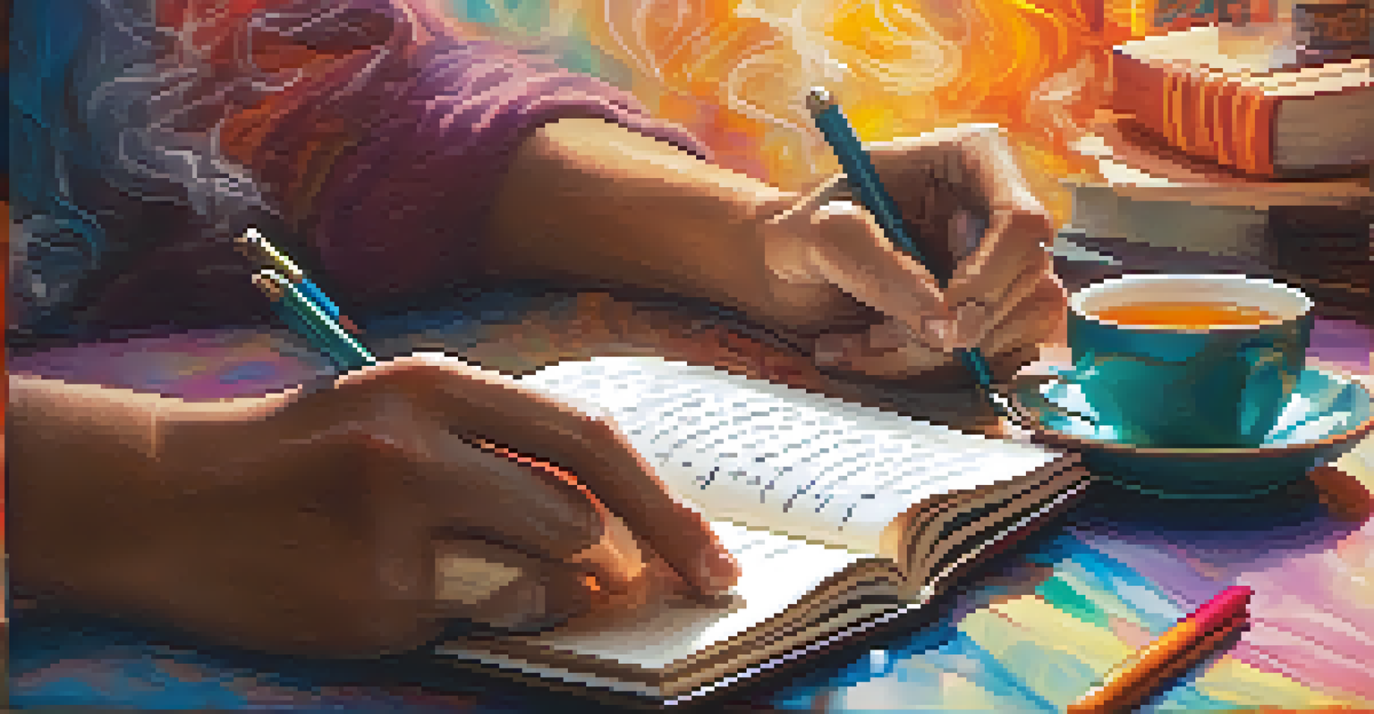 A close-up of hands holding a notebook with poems, colorful pens, and a cup of tea, set against a blurred background of a poetry event.